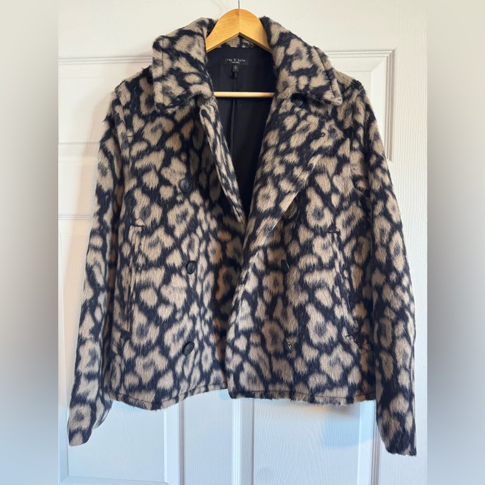 Rag & Bone Virgin Wool & Alpaca Peacoat Navy/ tan cheetah print. Medium. New